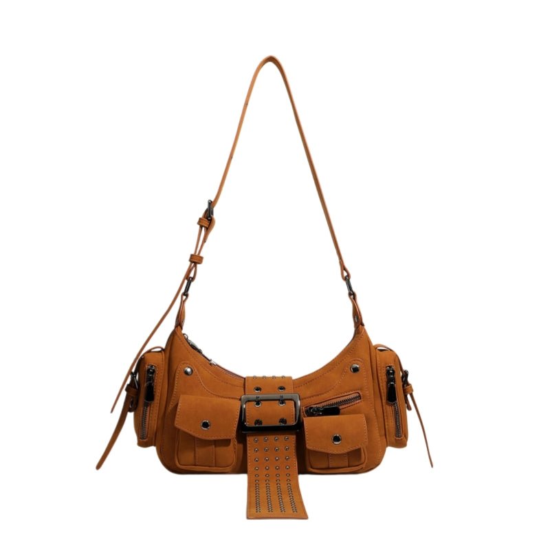 Y2K Rivet Buckle Hobo Shoulder Bag, Suede Multi‑Pocket Crossbody Utility Bag for Women - zoraflux