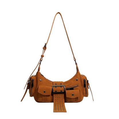 Y2K Rivet Buckle Hobo Shoulder Bag, Suede Multi‑Pocket Crossbody Utility Bag for Women - zoraflux