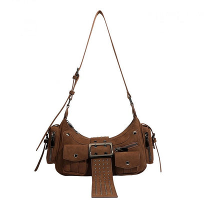 Y2K Rivet Buckle Hobo Shoulder Bag, Suede Multi‑Pocket Crossbody Utility Bag for Women - zoraflux