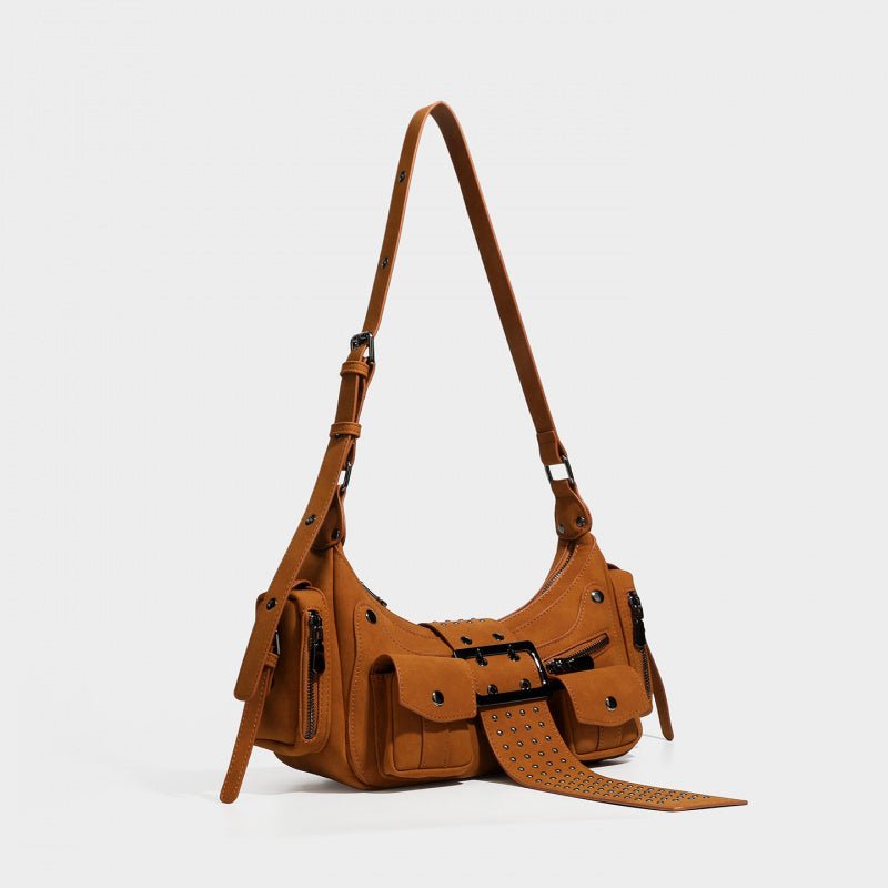 Y2K Rivet Buckle Hobo Shoulder Bag, Suede Multi‑Pocket Crossbody Utility Bag for Women - zoraflux