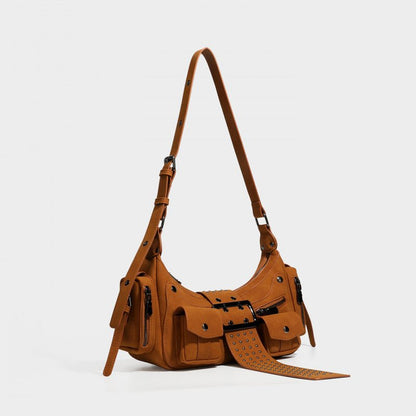 Y2K Rivet Buckle Hobo Shoulder Bag, Suede Multi‑Pocket Crossbody Utility Bag for Women - zoraflux