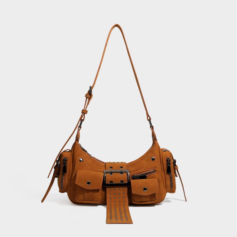 Y2K Rivet Buckle Hobo Shoulder Bag, Suede Multi‑Pocket Crossbody Utility Bag for Women - zoraflux