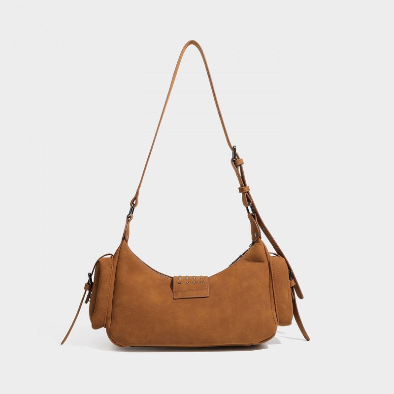 Y2K Rivet Buckle Hobo Shoulder Bag, Suede Multi‑Pocket Crossbody Utility Bag for Women - zoraflux