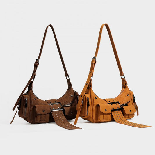 Y2K Rivet Buckle Hobo Shoulder Bag, Suede Multi‑Pocket Crossbody Utility Bag for Women - zoraflux