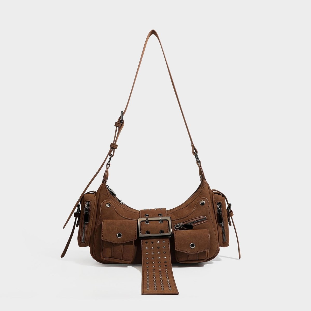 Y2K Rivet Buckle Hobo Shoulder Bag, Suede Multi‑Pocket Crossbody Utility Bag for Women - zoraflux