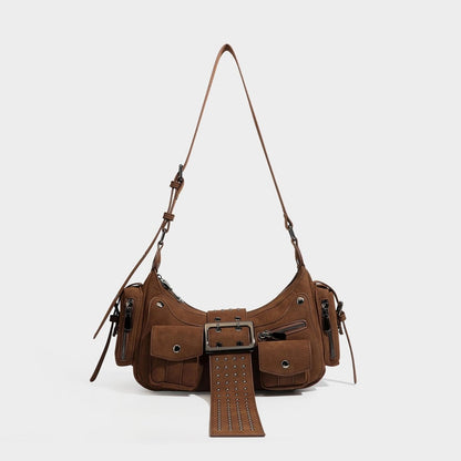 Y2K Rivet Buckle Hobo Shoulder Bag, Suede Multi‑Pocket Crossbody Utility Bag for Women - zoraflux