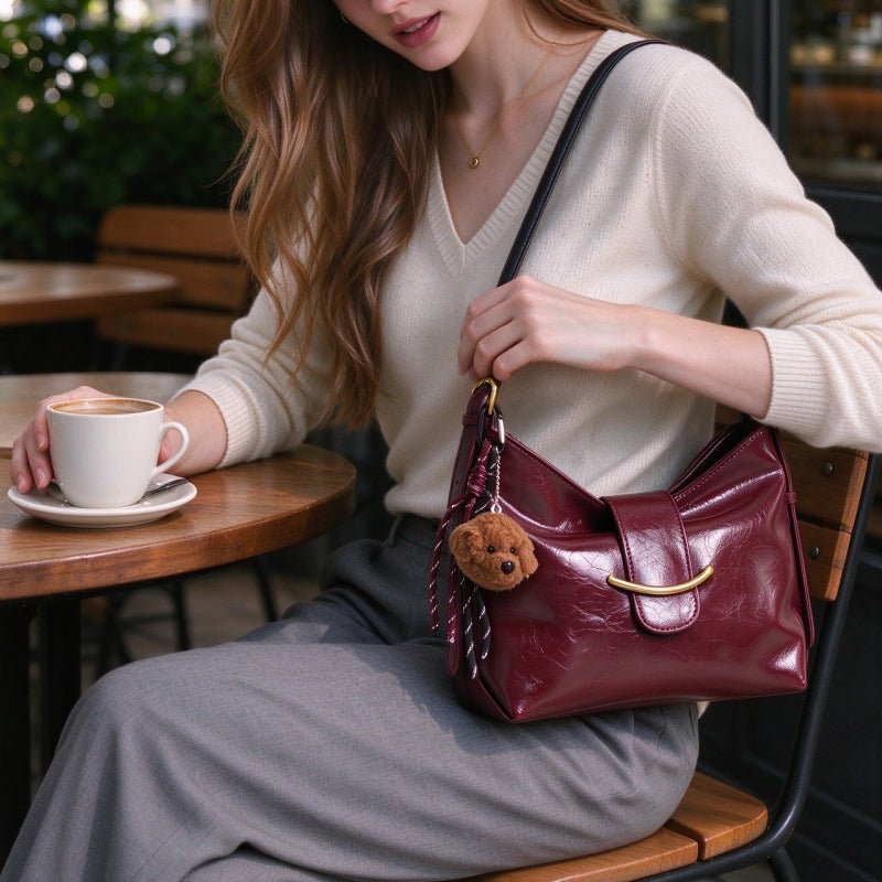 Zoraflux Glossy Hobo Shoulder Bag with Bear Charm - zoraflux