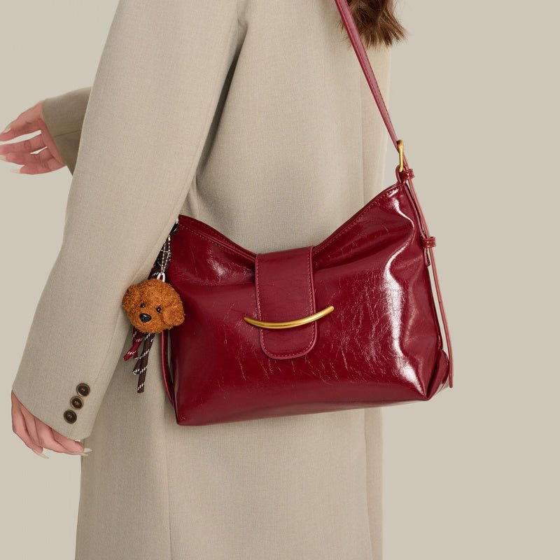 Zoraflux Glossy Hobo Shoulder Bag with Bear Charm - zoraflux
