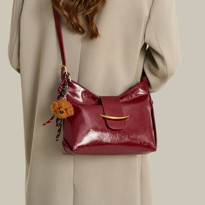 Zoraflux Glossy Hobo Shoulder Bag with Bear Charm - zoraflux