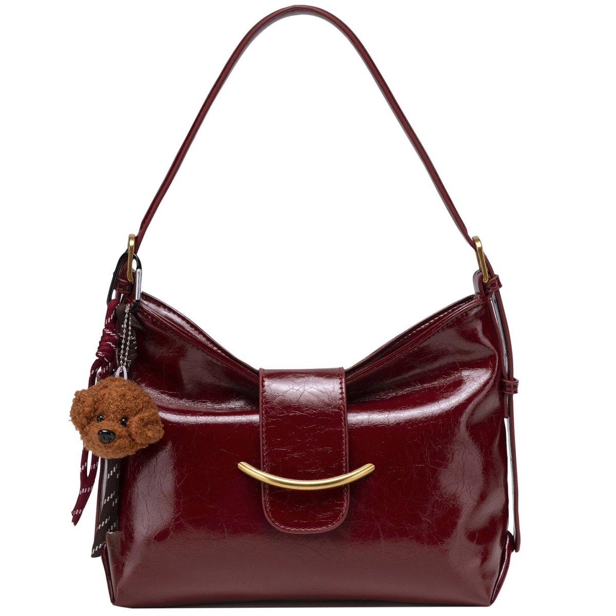 Zoraflux Glossy Hobo Shoulder Bag with Bear Charm - zoraflux