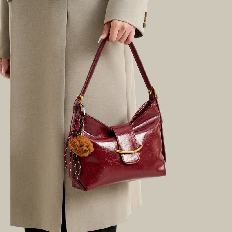 Zoraflux Glossy Hobo Shoulder Bag with Bear Charm - zoraflux