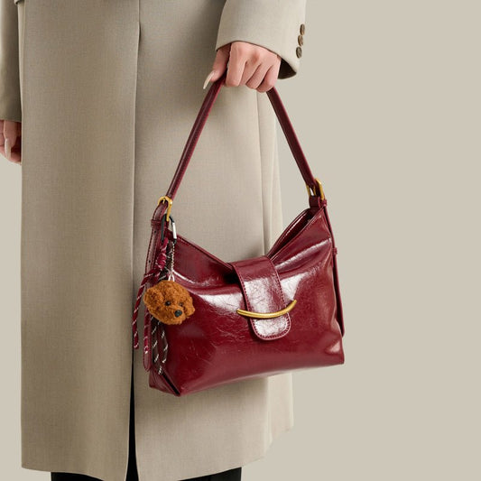 Zoraflux Glossy Hobo Shoulder Bag with Bear Charm - zoraflux
