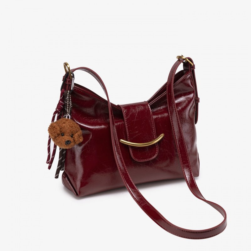 Zoraflux Glossy Hobo Shoulder Bag with Bear Charm - zoraflux