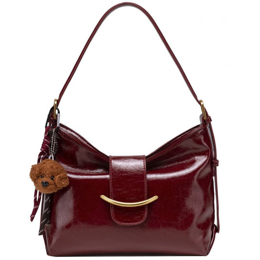 Zoraflux Glossy Hobo Shoulder Bag with Bear Charm - zoraflux