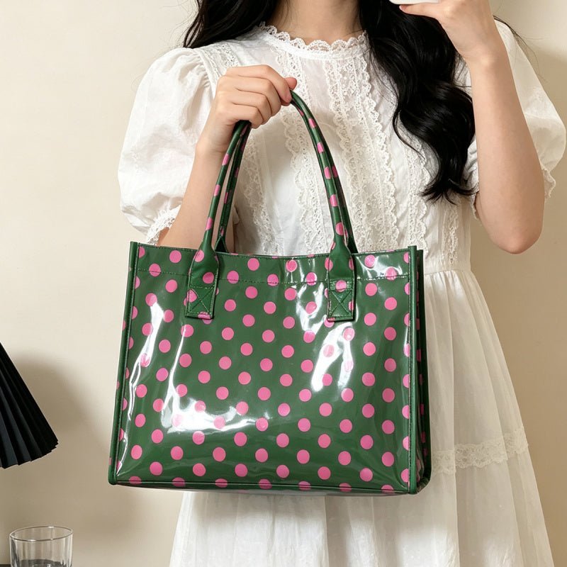 Zoraflux Polka Dot Gloss Tote Bag Set Large Waterproof Handbag with Makeup Bag - zoraflux