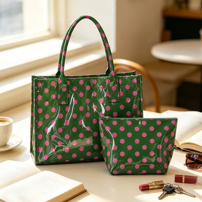 Zoraflux Polka Dot Gloss Tote Bag Set Large Waterproof Handbag with Makeup Bag - zoraflux