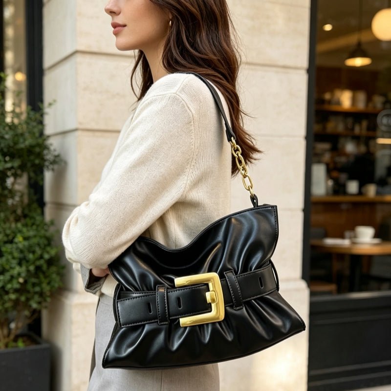 Zoraflux Vintage Belt Buckle Ruched Hobo Shoulder Bag - zoraflux