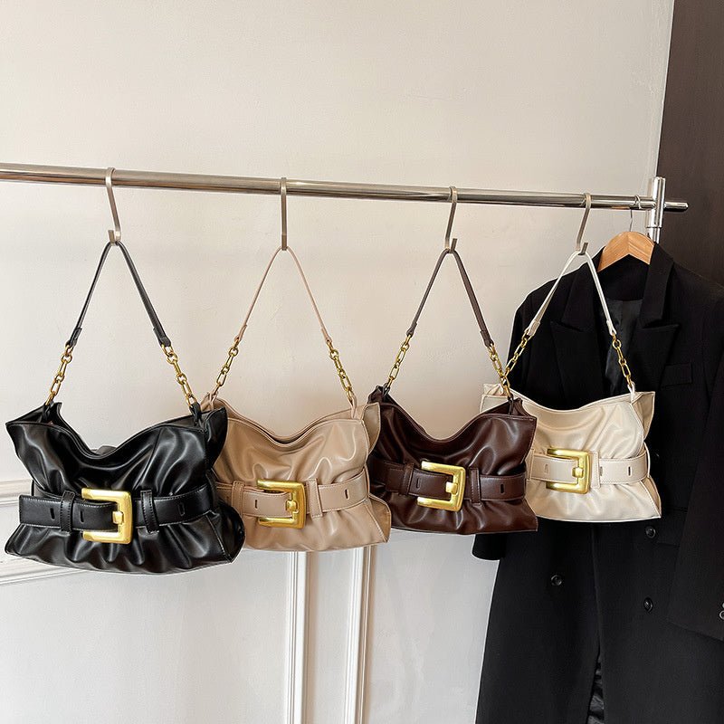 Zoraflux Vintage Belt Buckle Ruched Hobo Shoulder Bag - zoraflux