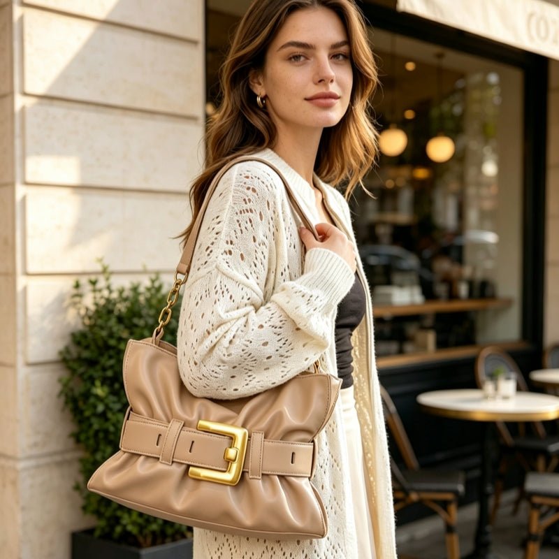 Zoraflux Vintage Belt Buckle Ruched Hobo Shoulder Bag - zoraflux